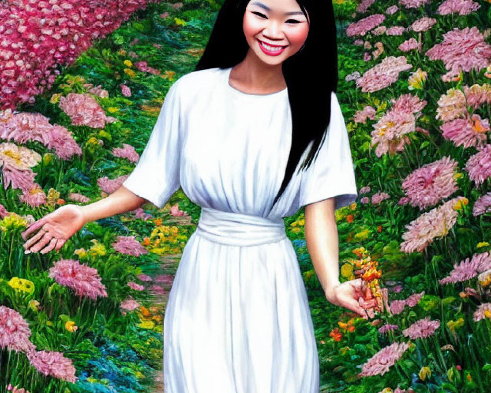 Smiling woman in white dress surrounded by colorful flowers