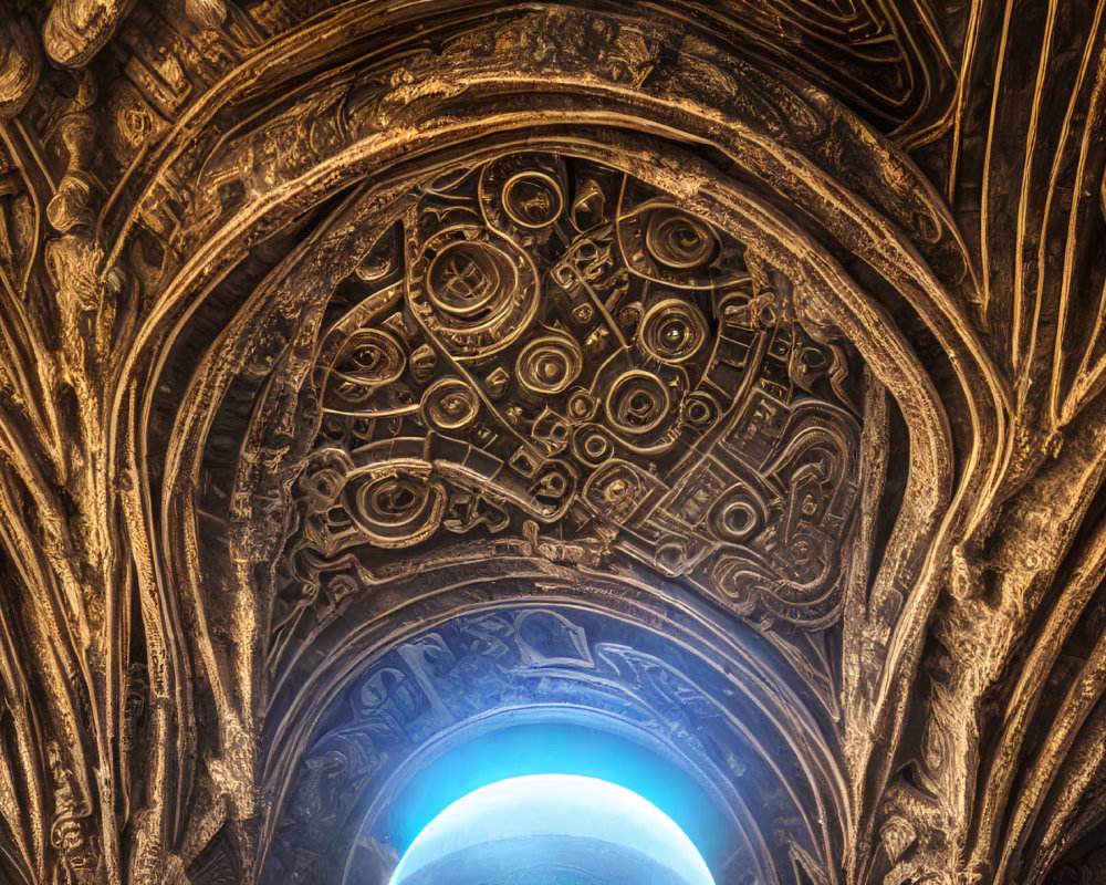 Historical building ceiling with intricate designs and warm blue-tinted light