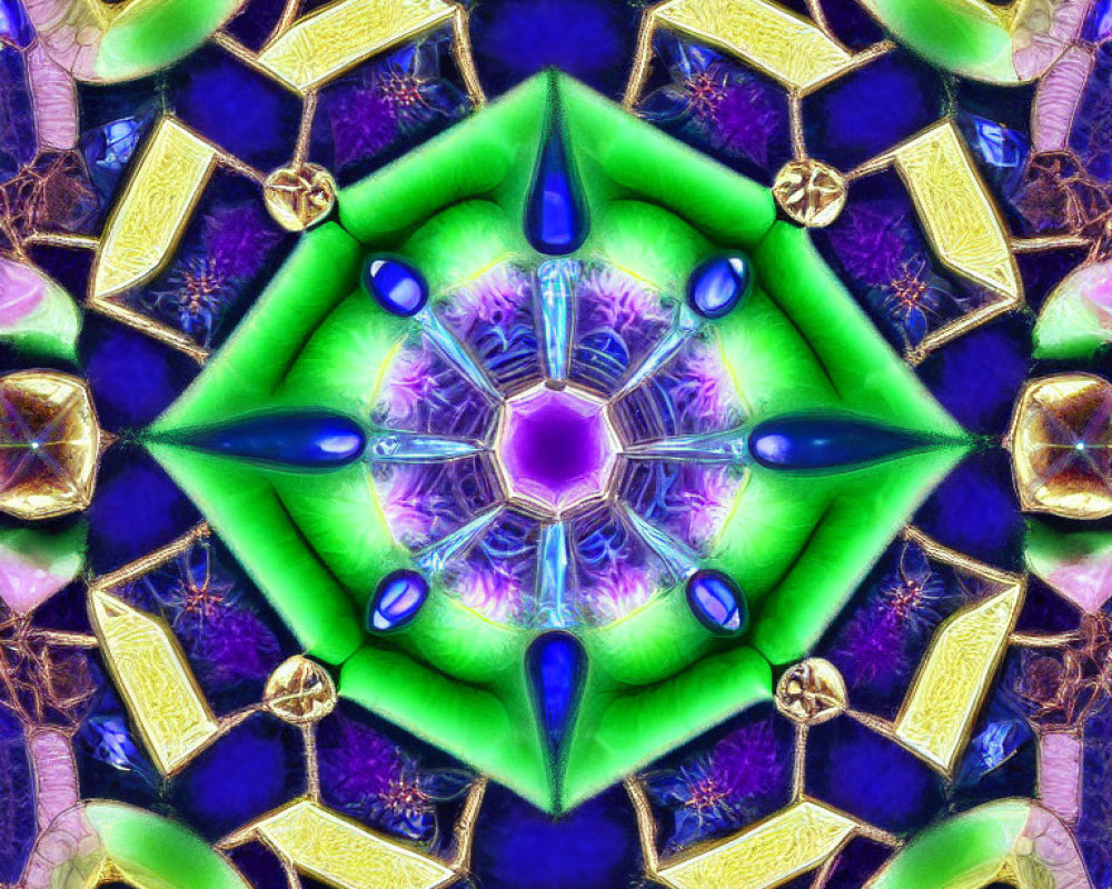 Symmetrical kaleidoscopic pattern in electric blues, greens, and purples