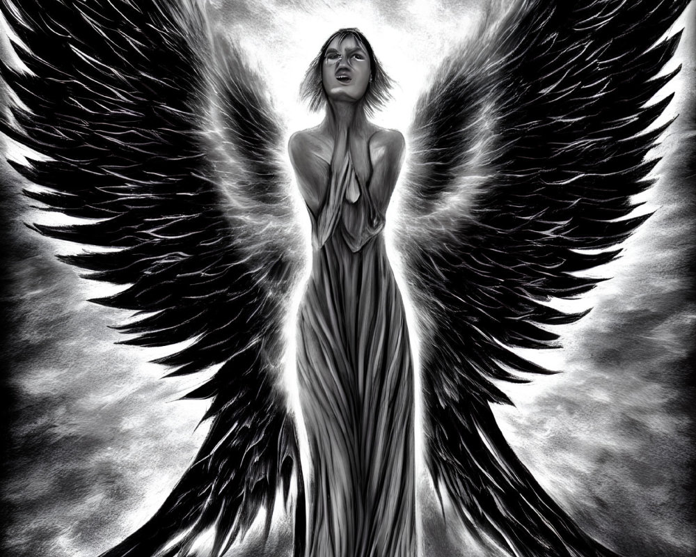 Monochrome image of angelic figure with large dark wings and serene expression
