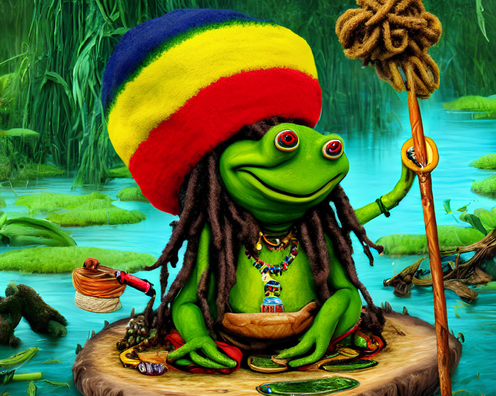 Colorful Frog with Rasta Dreadlocks on Stump in Swampy Environment