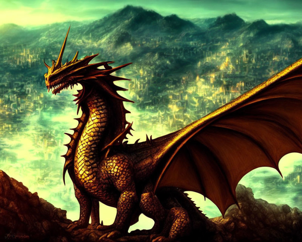 Majestic dragon overlooking fantasy landscape with city structures
