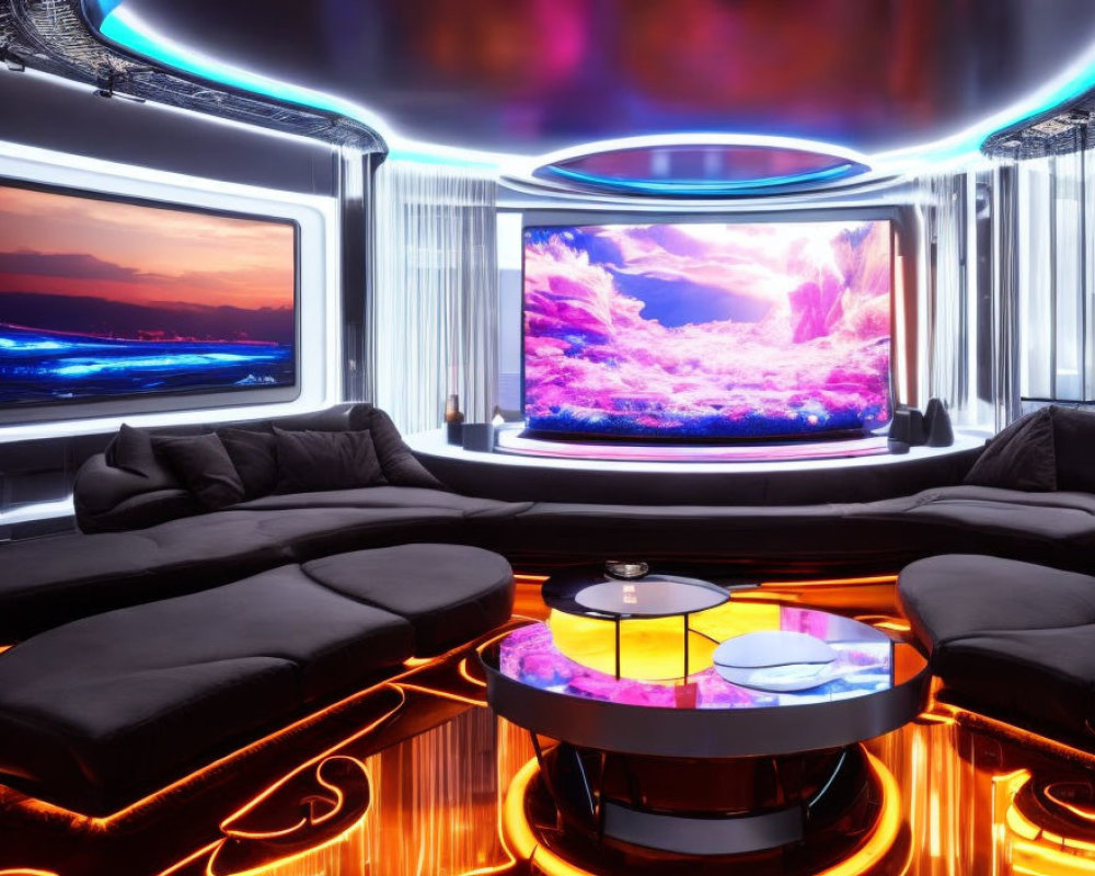 Futuristic interior with LED lighting, curved sofas, illuminated table, vibrant screens