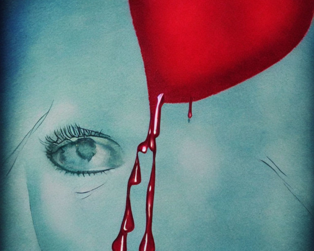 Stylized illustration of blue human eye and bleeding heart on textured background