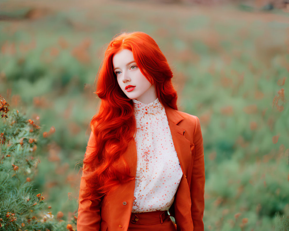 Vivid Red-Haired Woman in Matching Attire Standing in Earthy Field