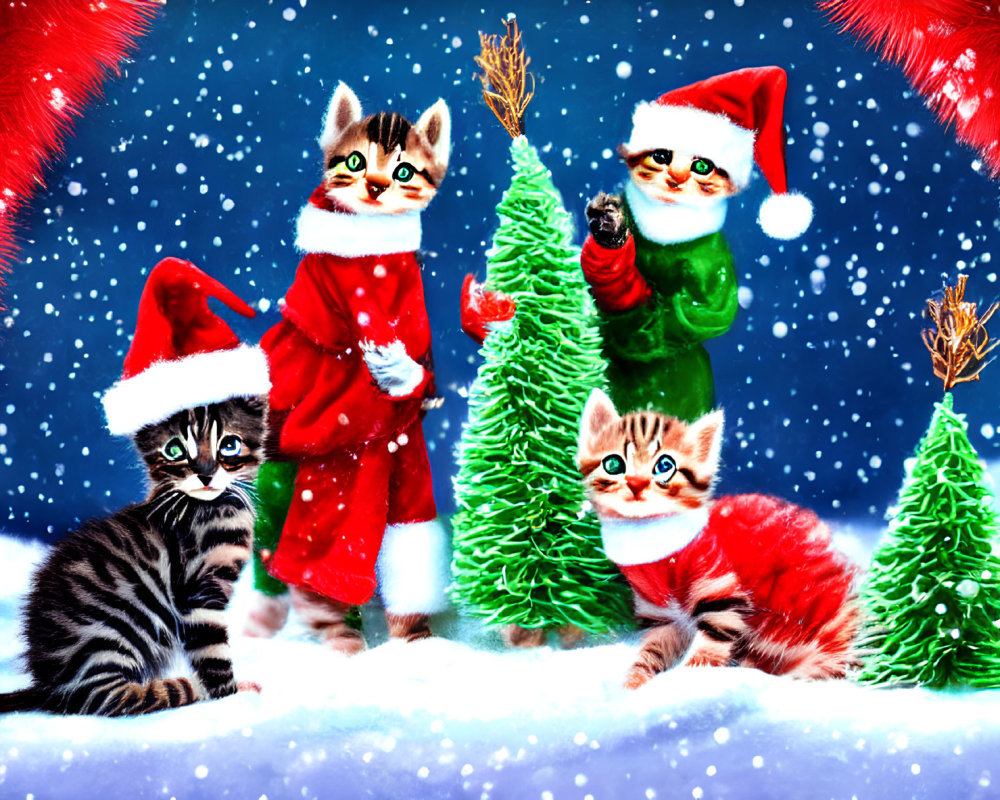 Four Cats in Santa Hats and Festive Attire Among Christmas Trees on Blue Background