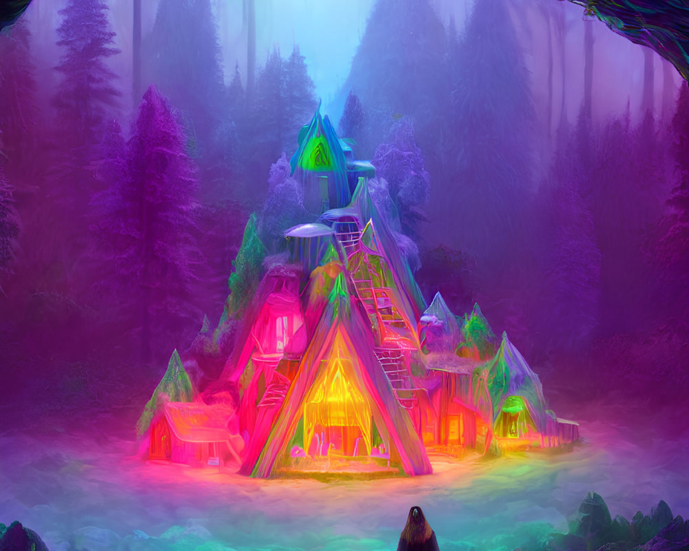 Mystical neon-lit forest with pyramid and foggy ambiance