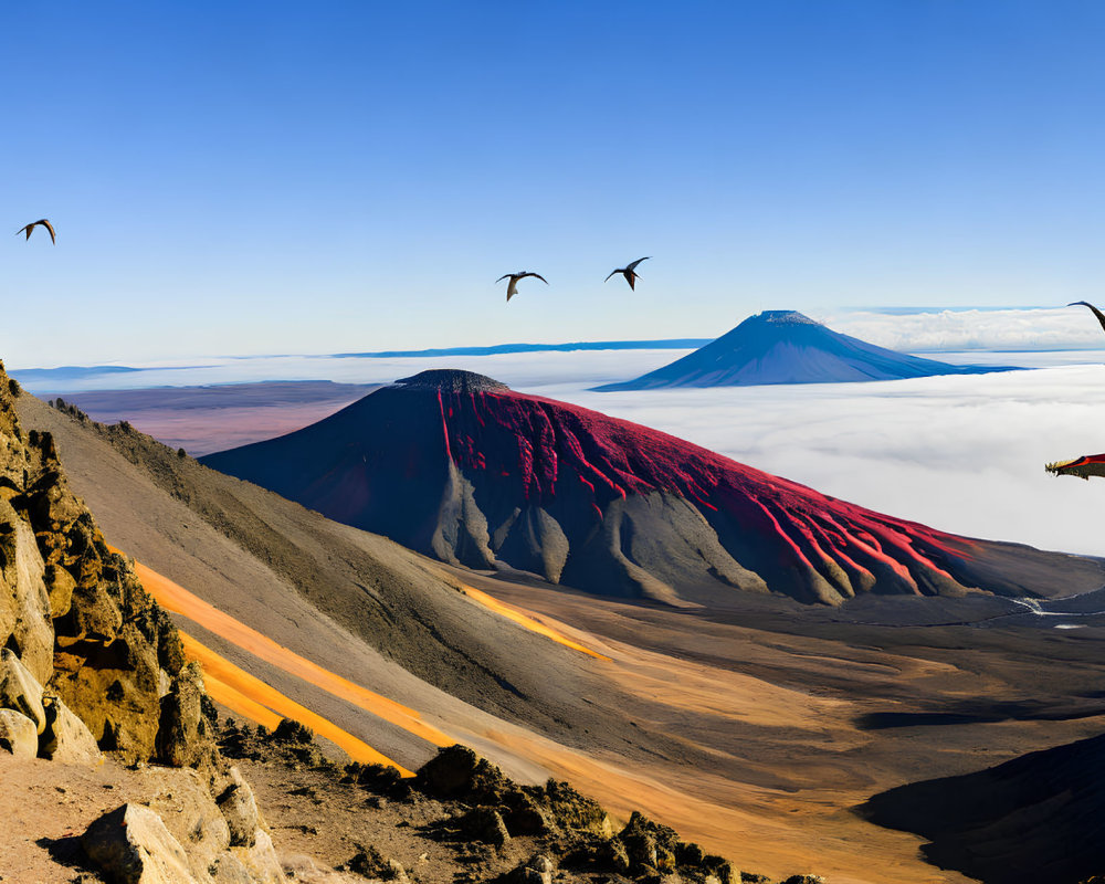Colorful Mountain Ridges and Stratovolcano in Scenic Landscape