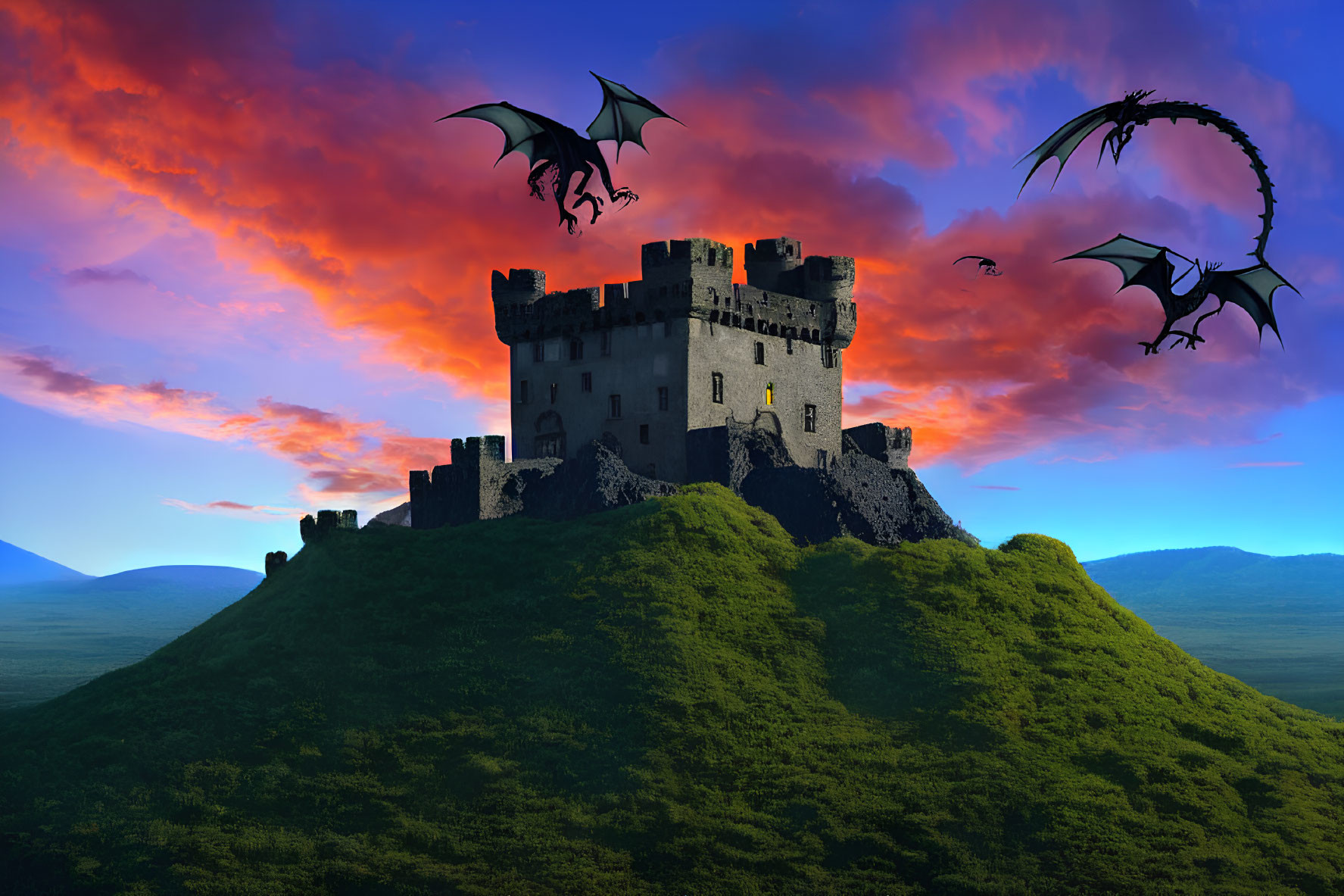 Medieval castle on green hill with dragons in dramatic sunset sky