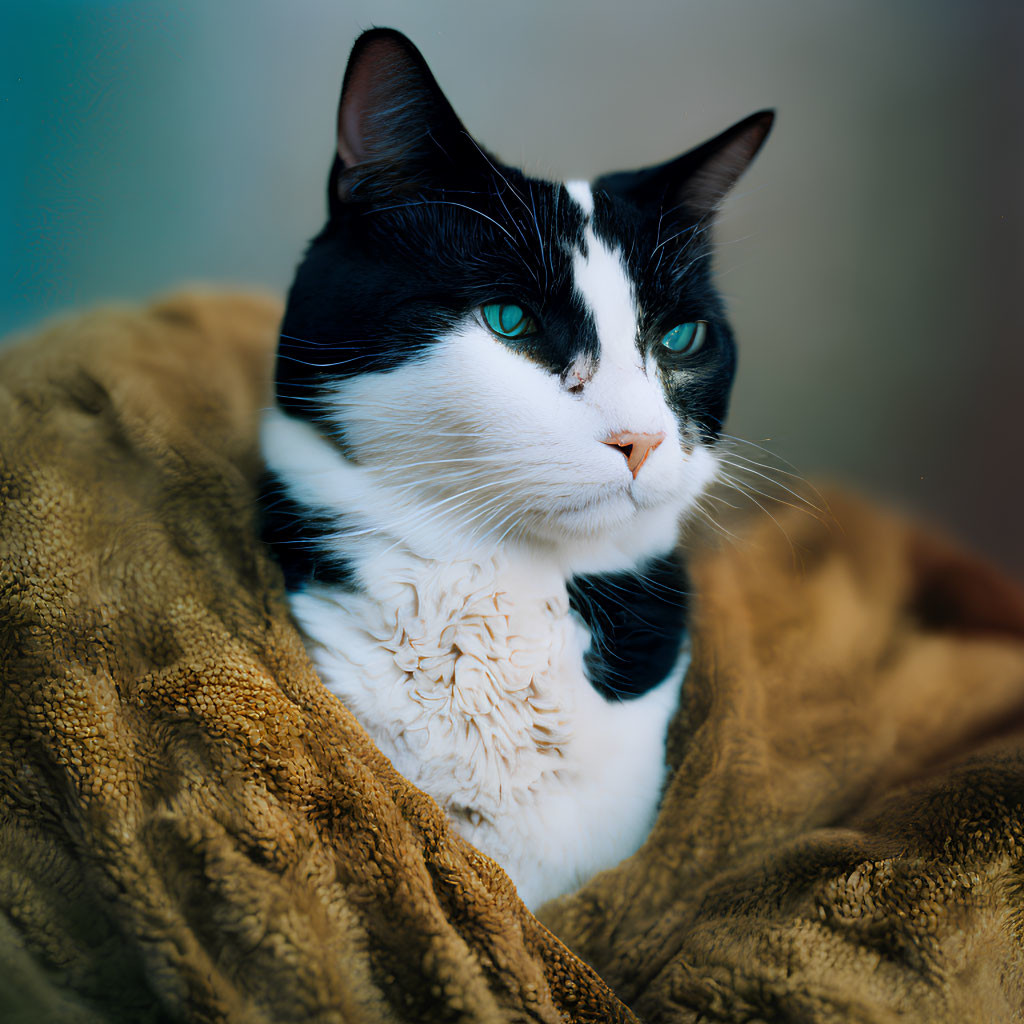 Black and White Cat with Green Eyes in Golden-Brown Blanket