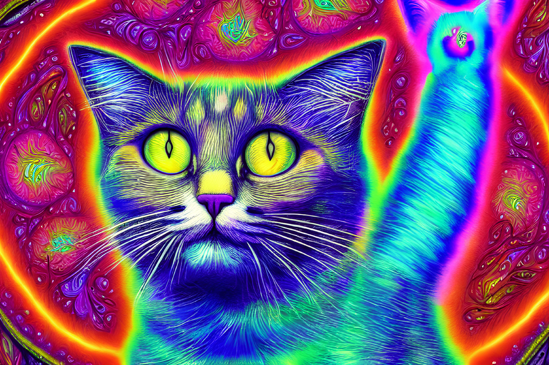 Colorful Psychedelic Cat Art with Swirling Patterns