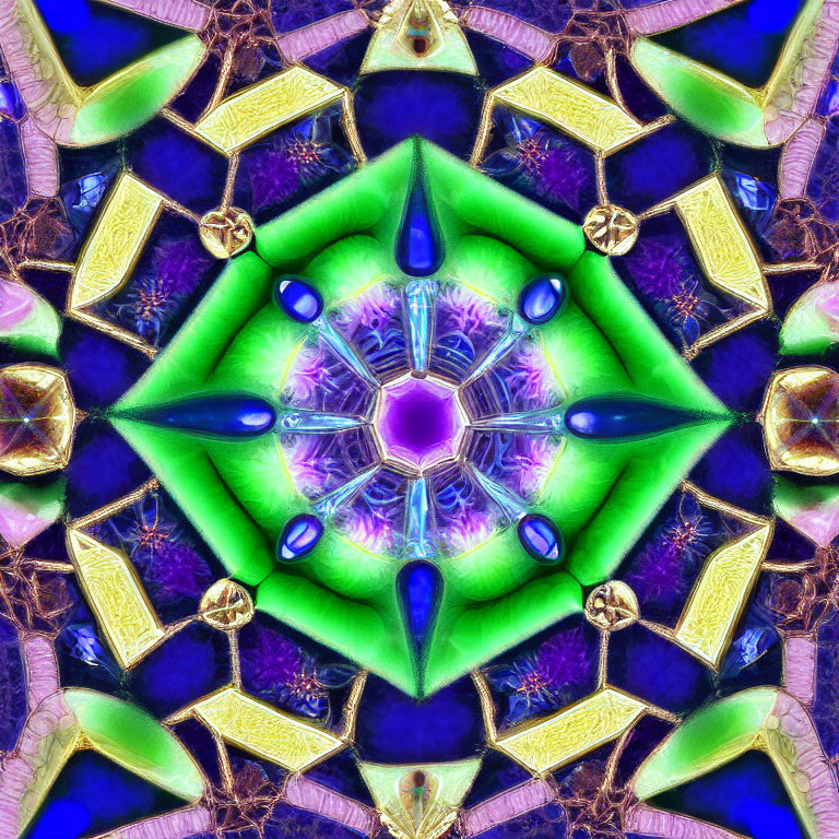 Symmetrical kaleidoscopic pattern in electric blues, greens, and purples