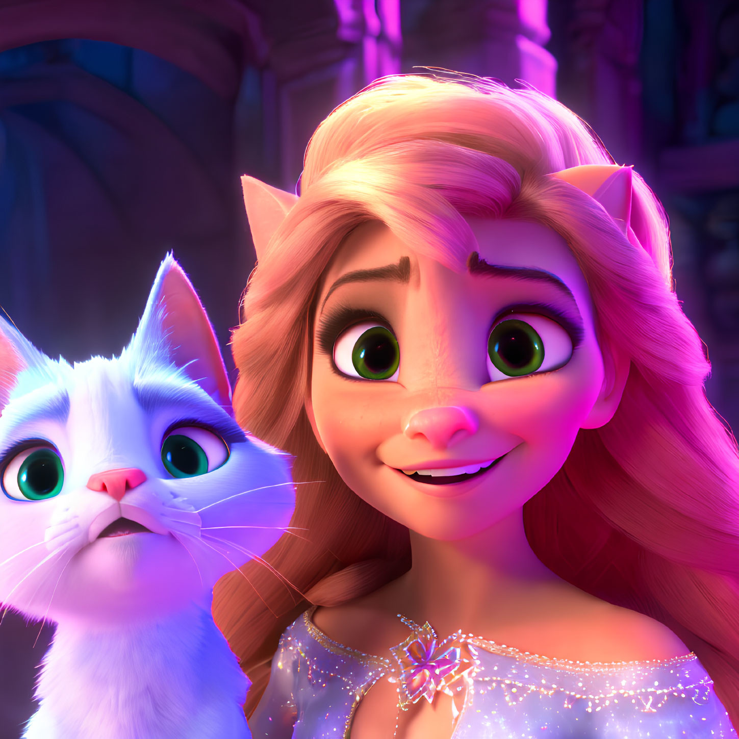 Golden-haired girl and white cat in purple dress, surprised expressions.