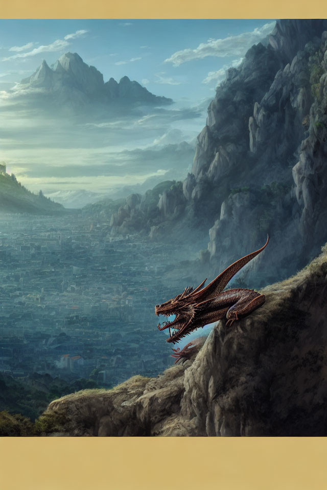 Majestic dragon overlooking ancient city and mountains