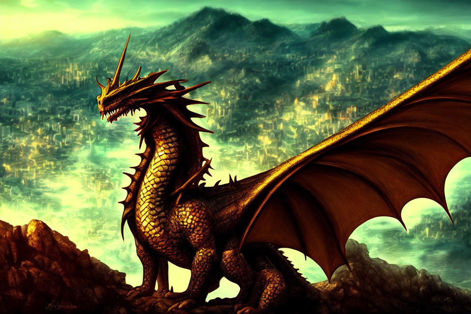 Majestic dragon overlooking fantasy landscape with city structures