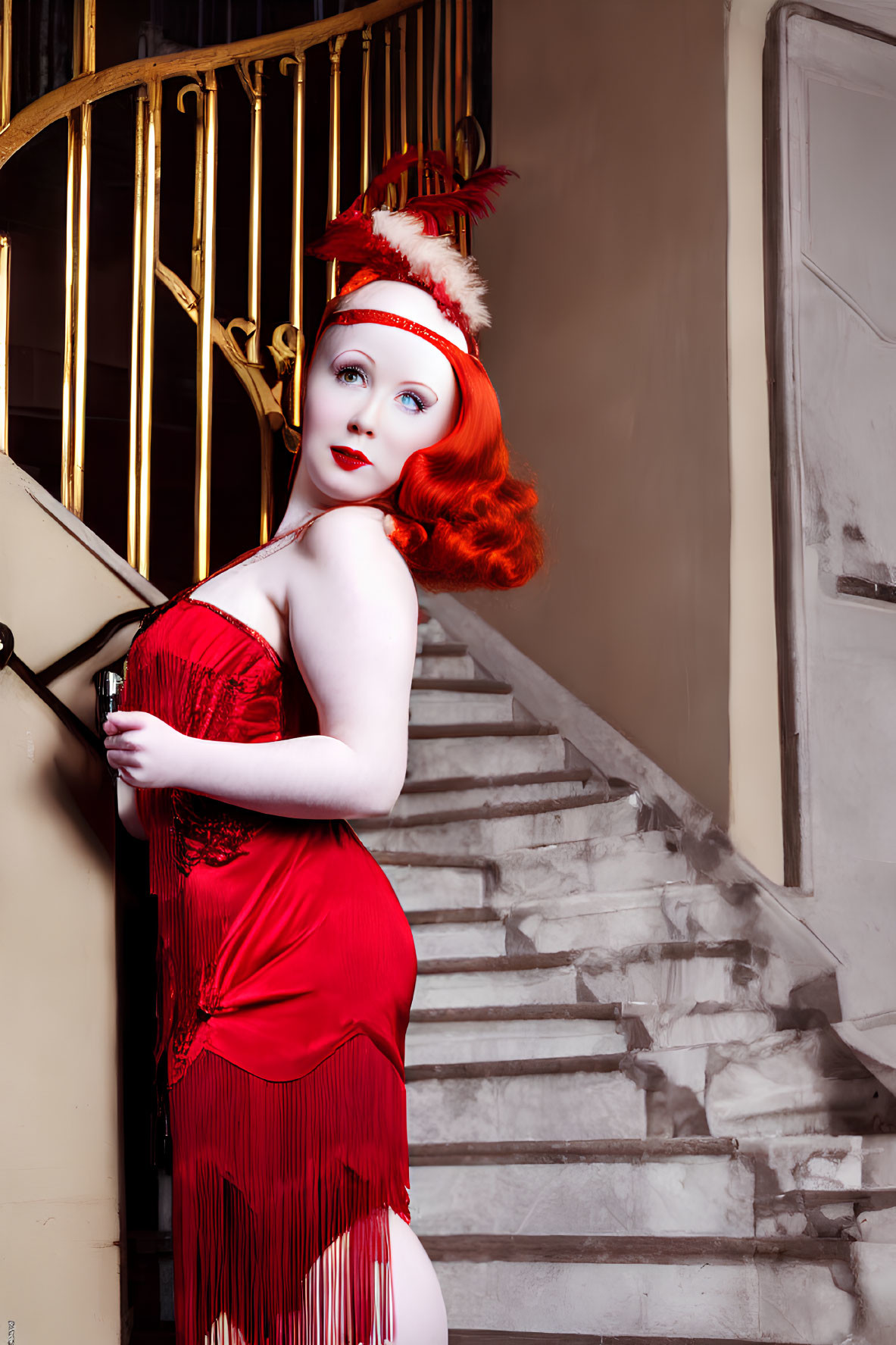 Vintage red flapper dress woman by staircase with dramatic expression