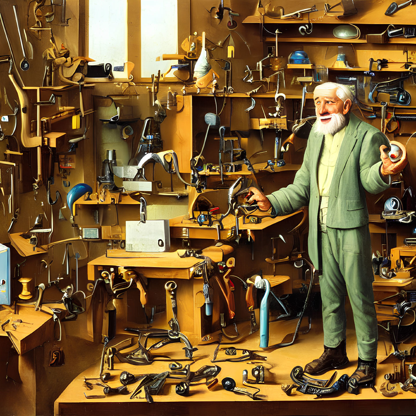 Elderly man in green suit in workshop with woodworking tools