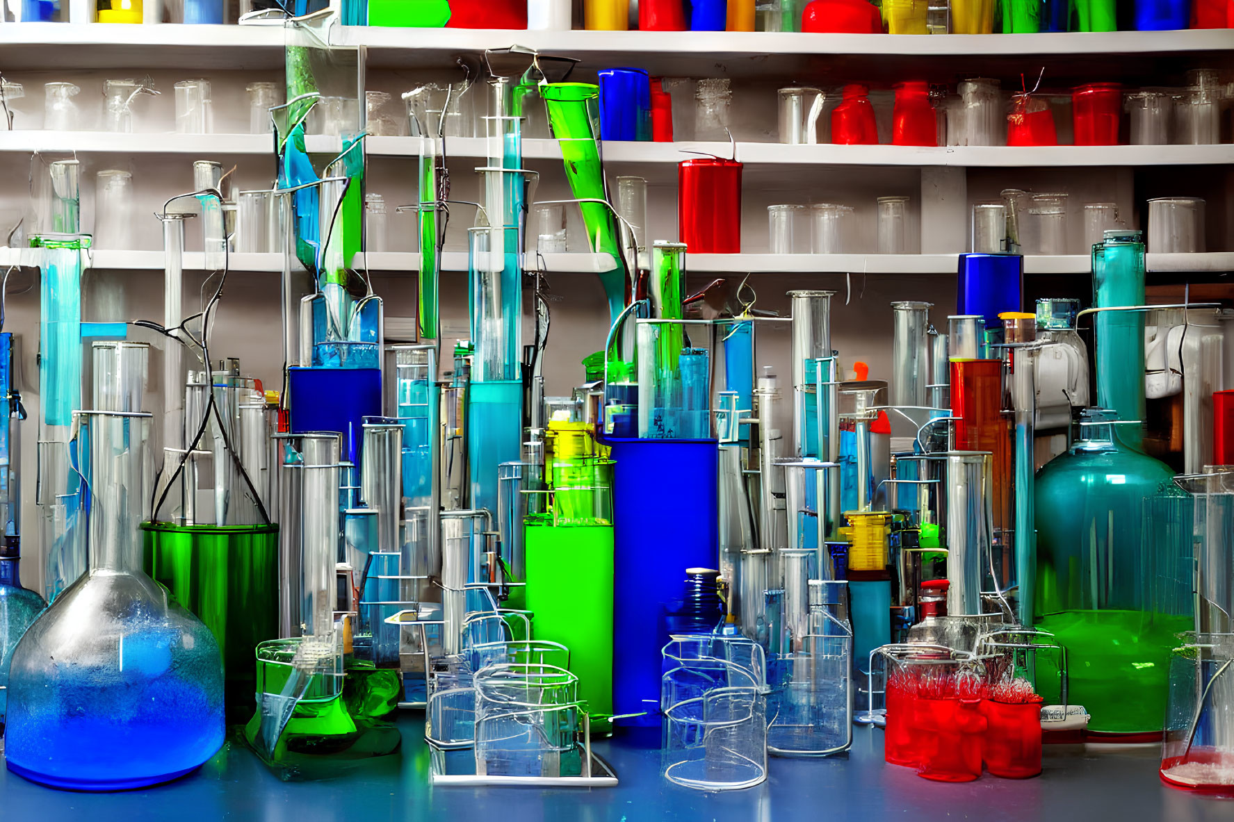 Vibrant scientific glassware and substances in a lab setting