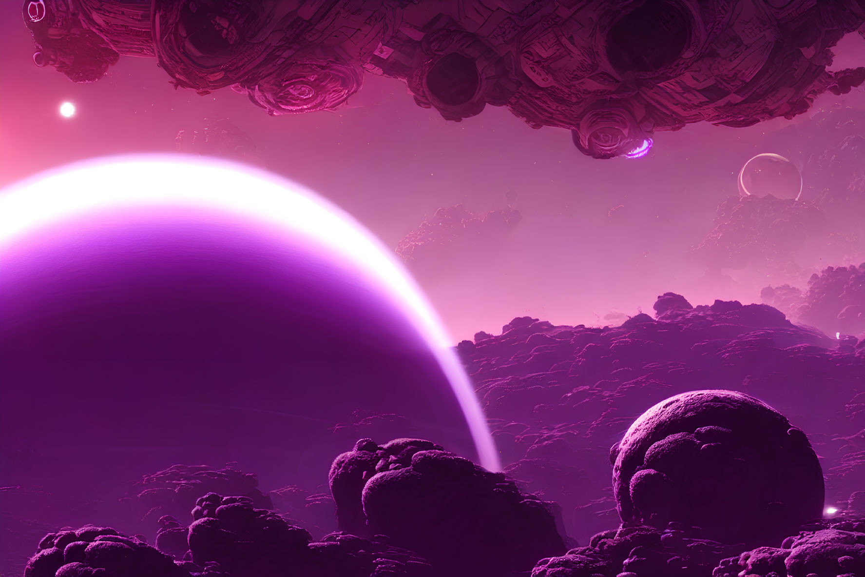 Purple-Hued Sci-Fi Landscape with Alien Structures and Multiple Celestial Bodies
