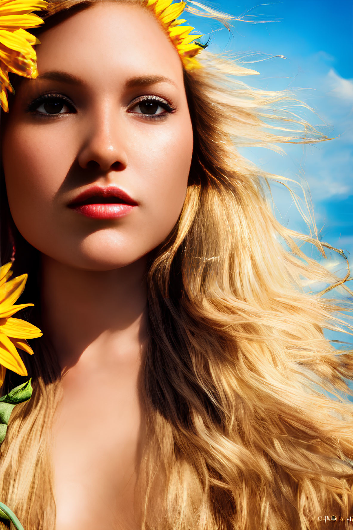 Blonde person with sunflower hair accessories under blue sky