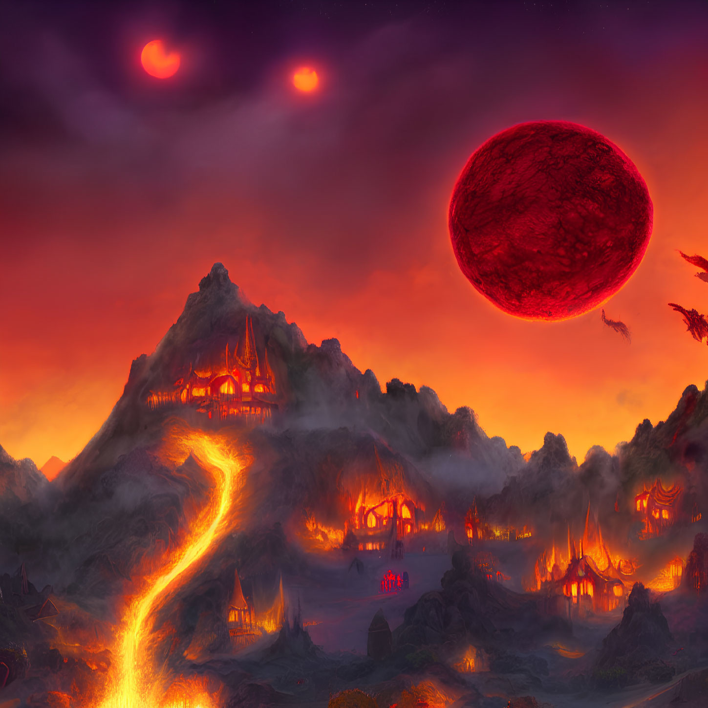 Volcanic landscape with dragons, glowing mountain structures, and dual moons