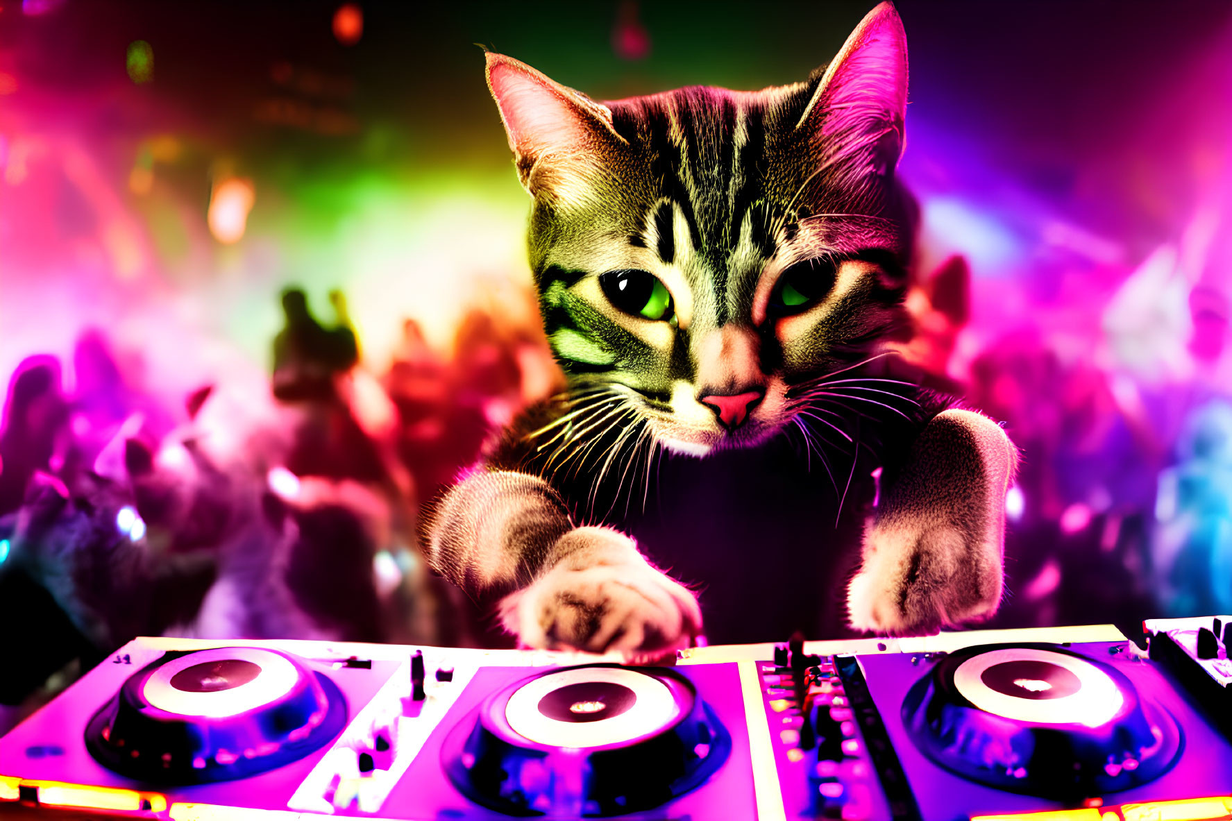 Cat DJing at a colorful party with crowd and lights