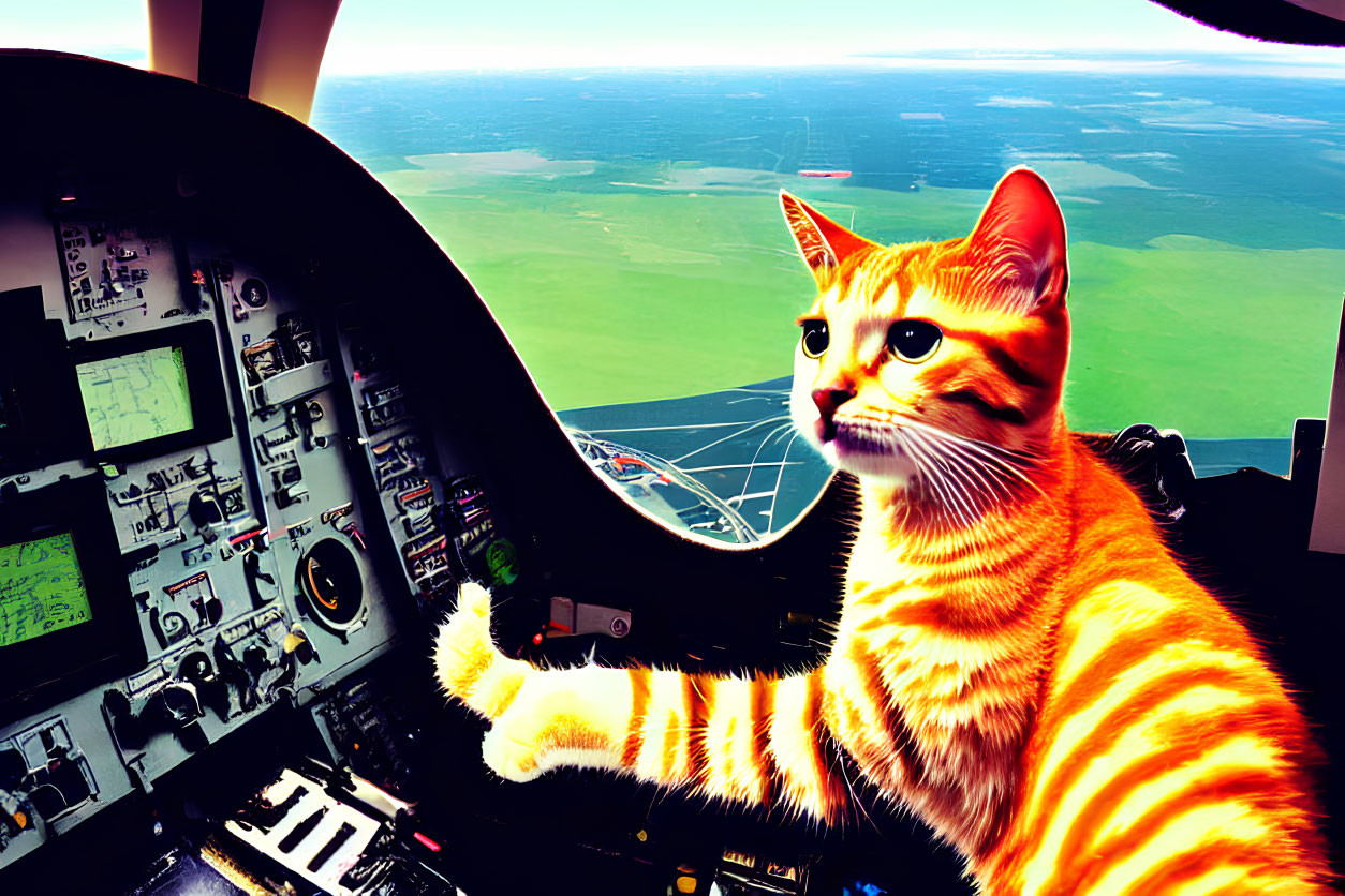 Orange Tabby Cat in Cockpit Overlooking Green Landscape