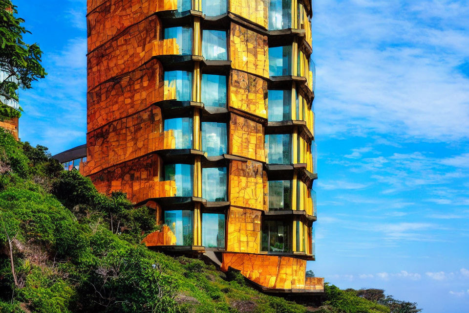 Modern Orange Building with Irregular Windows and Blue Sky