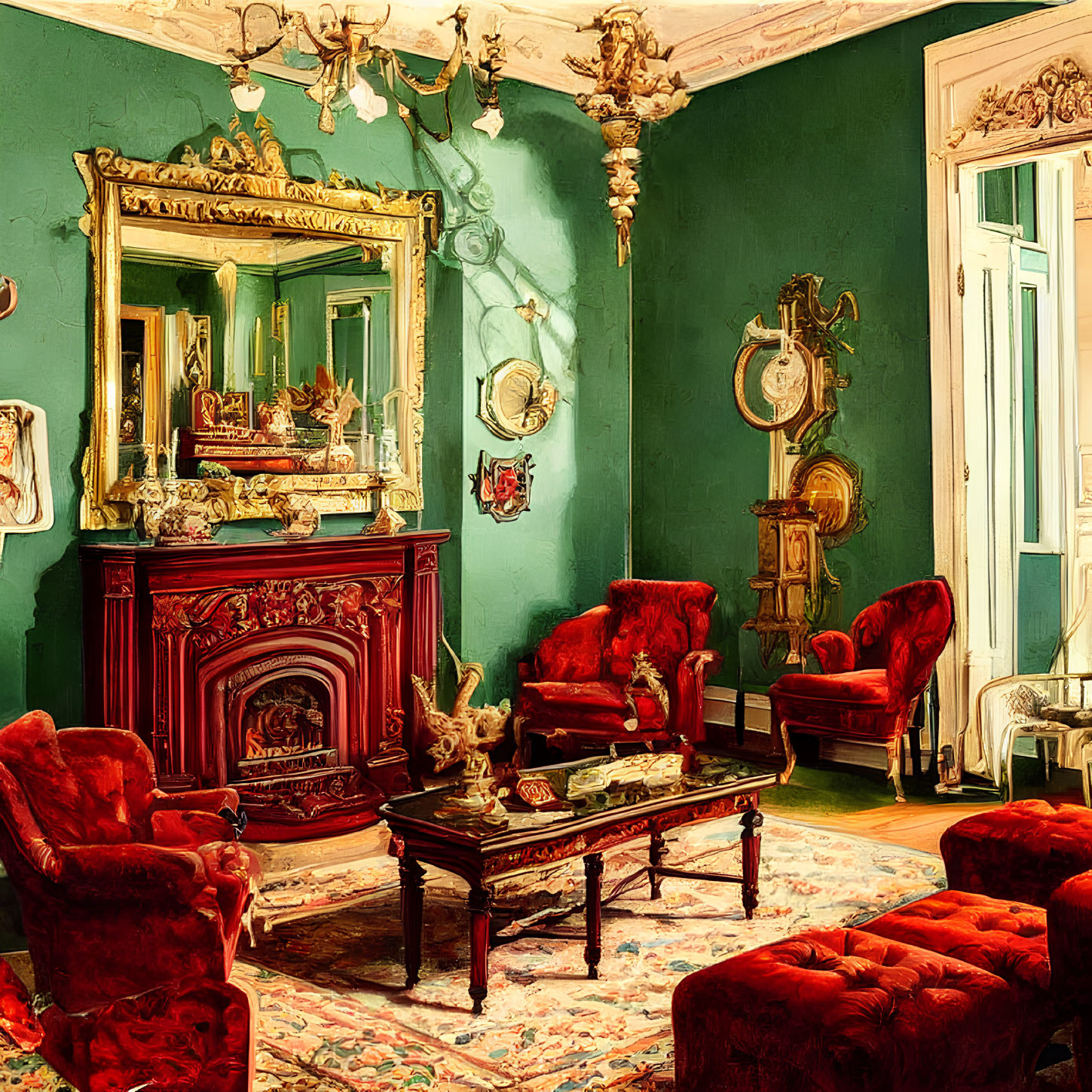 Luxurious Vintage Room with Red Furniture, Gold Mirror, Fireplace, Chandelier, Green Walls, Art