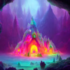 Mystical neon-lit forest with pyramid and foggy ambiance