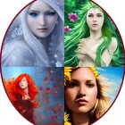 Stylized female faces representing seasons: winter in snowflakes, spring in flowers, summer in