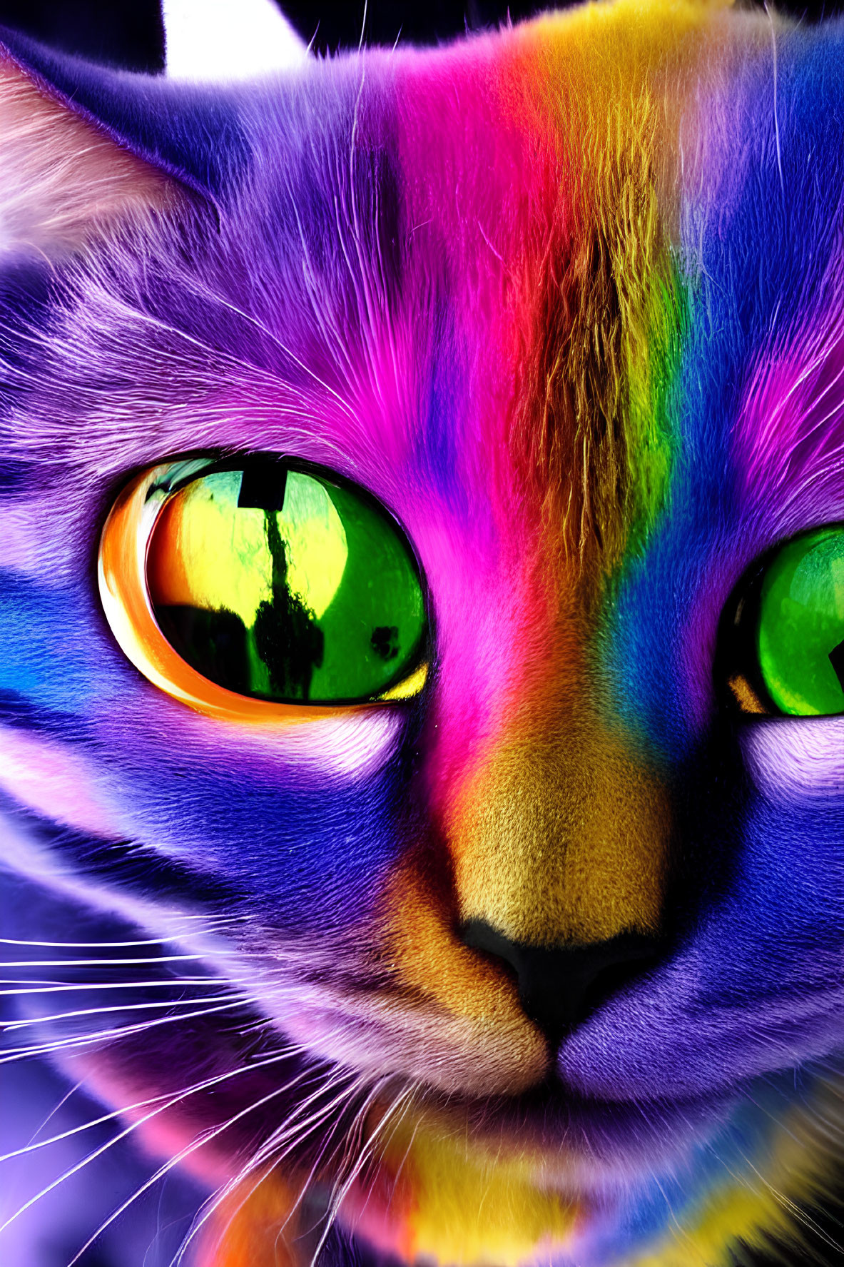 Colorful Close-Up of Cat with Rainbow Fur and Green Eyes in Urban Setting