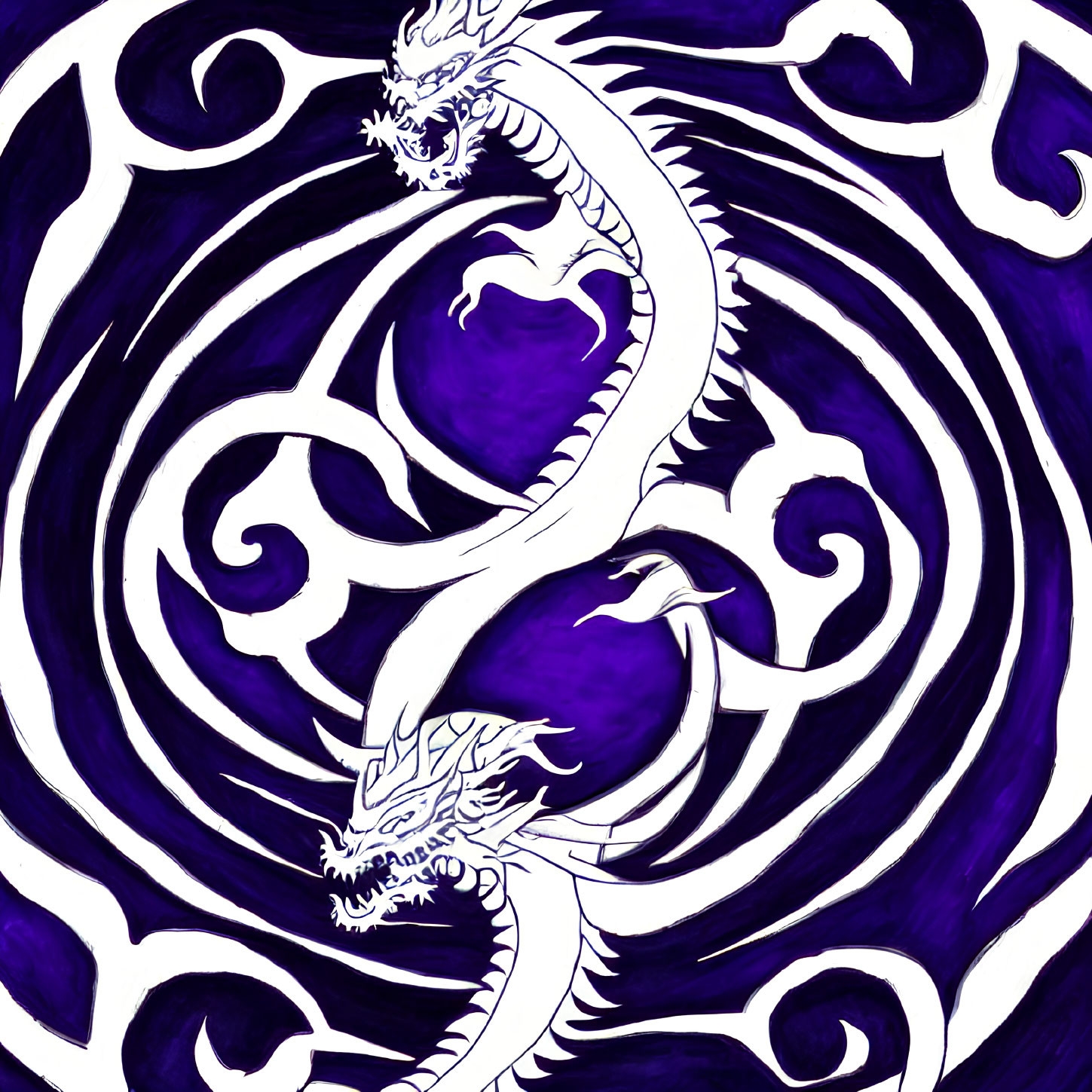 Intricate White Dragon on Swirling Purple Abstract Background
