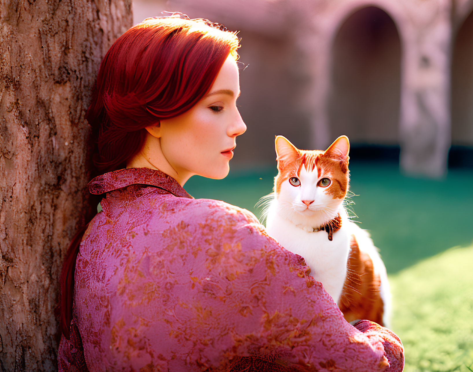 Red-haired woman holding orange and white cat in sunny embrace