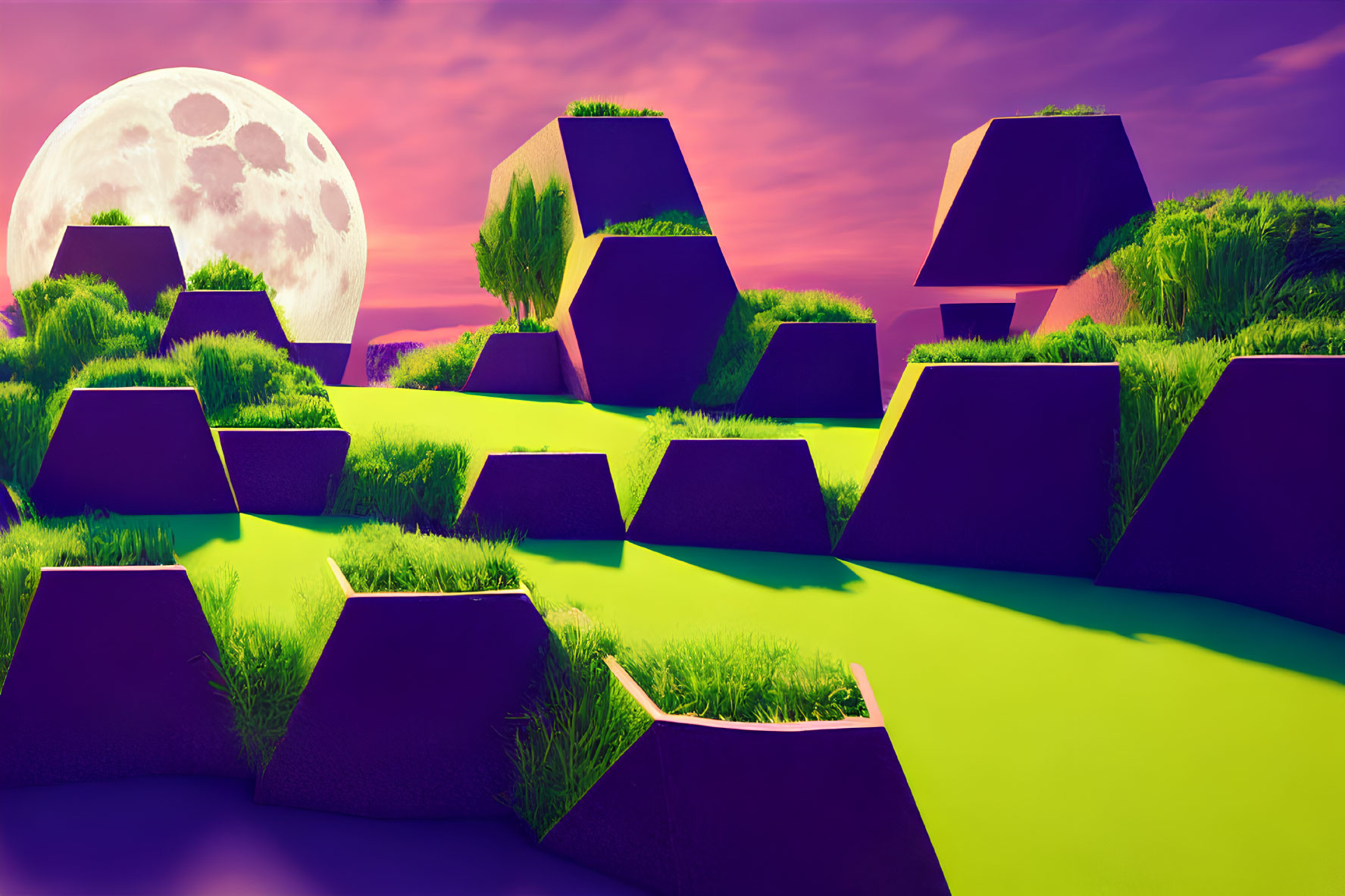 Surreal landscape with geometric shapes, grass, purple sky, and large moon