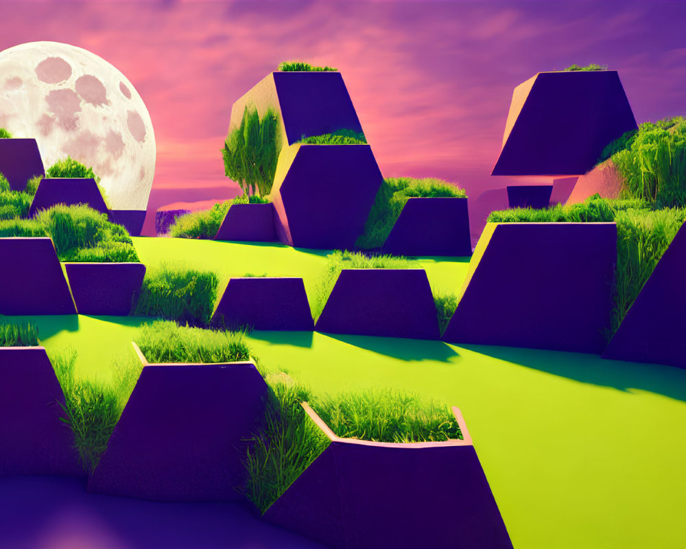 Surreal landscape with geometric shapes, grass, purple sky, and large moon