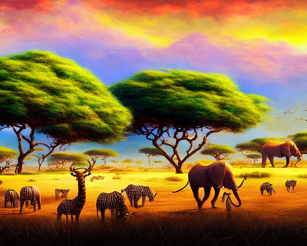 African Savanna Sunset Painting with Elephants, Zebras, and Acacia Trees