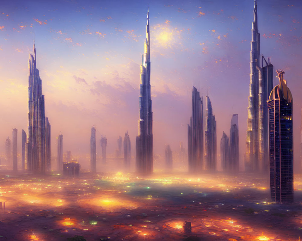 Futuristic dusk cityscape with illuminated skyscrapers under hazy sky