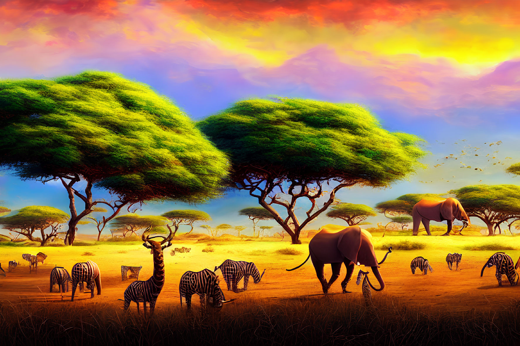 African Savanna Sunset Painting with Elephants, Zebras, and Acacia Trees
