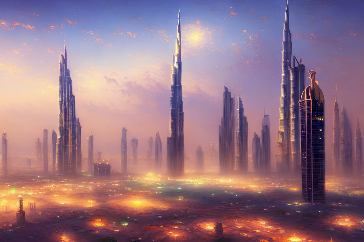 Futuristic dusk cityscape with illuminated skyscrapers under hazy sky