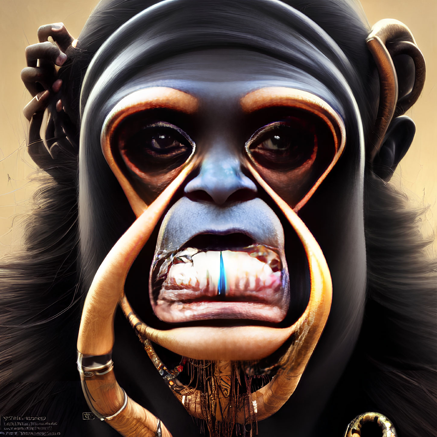 Digitally created primate with human-like eyes in earrings and necklace on brown background