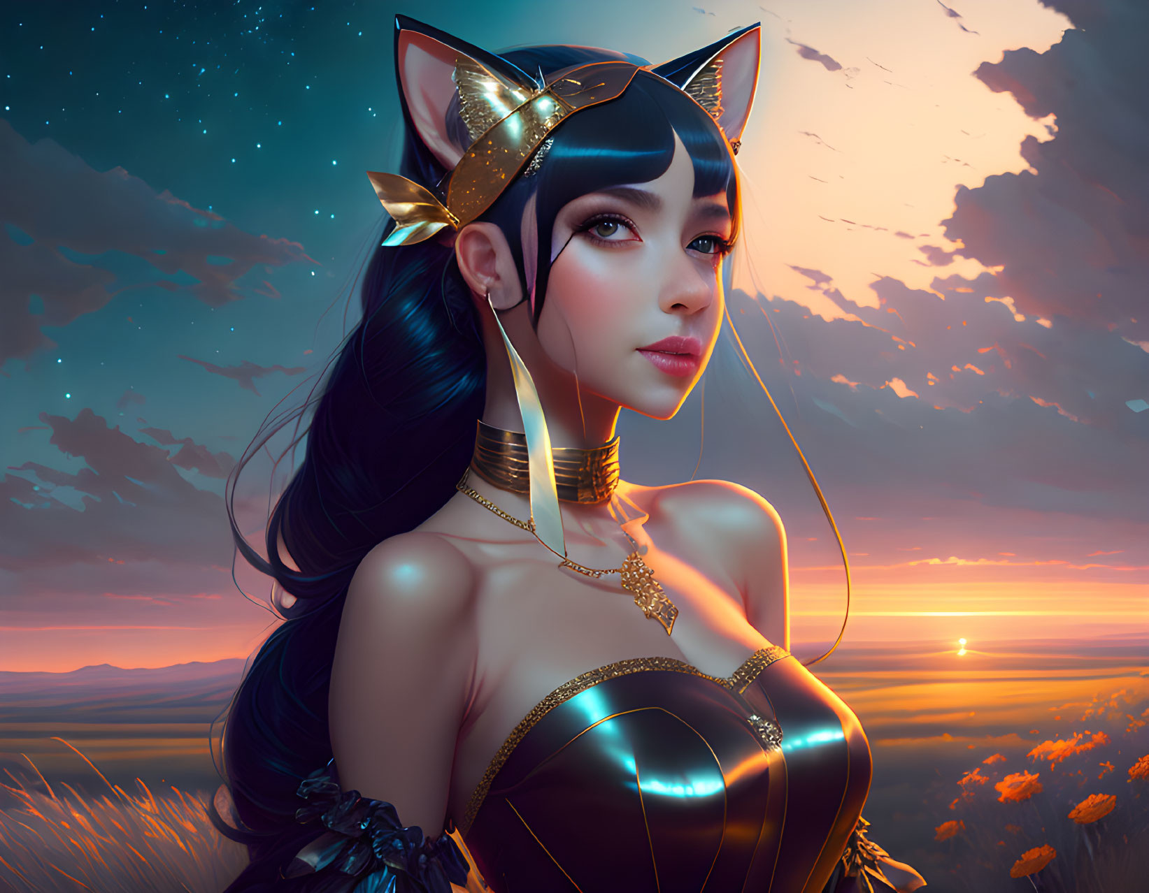 Digital Artwork: Woman with Cat Ears and Striking Eyes in Sunset Scene