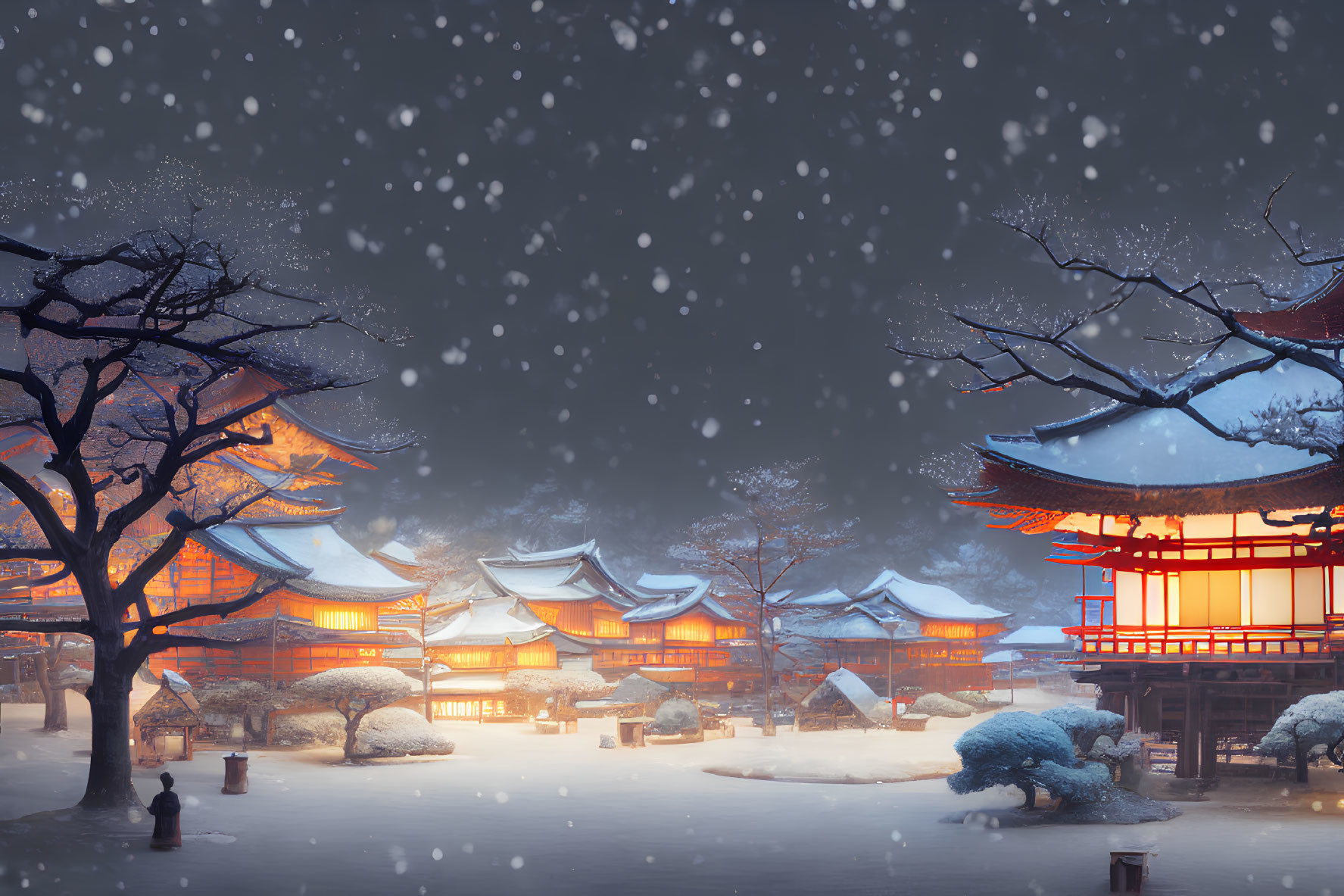 Traditional Japanese architecture in serene snowy scene at dusk