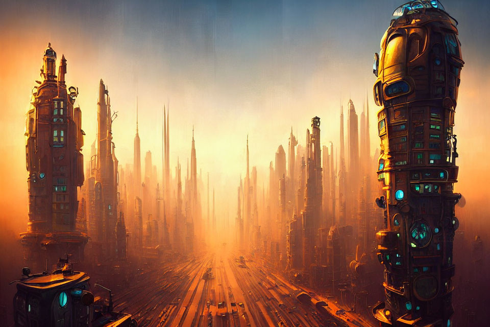 Futuristic cityscape with towering skyscrapers at sunset