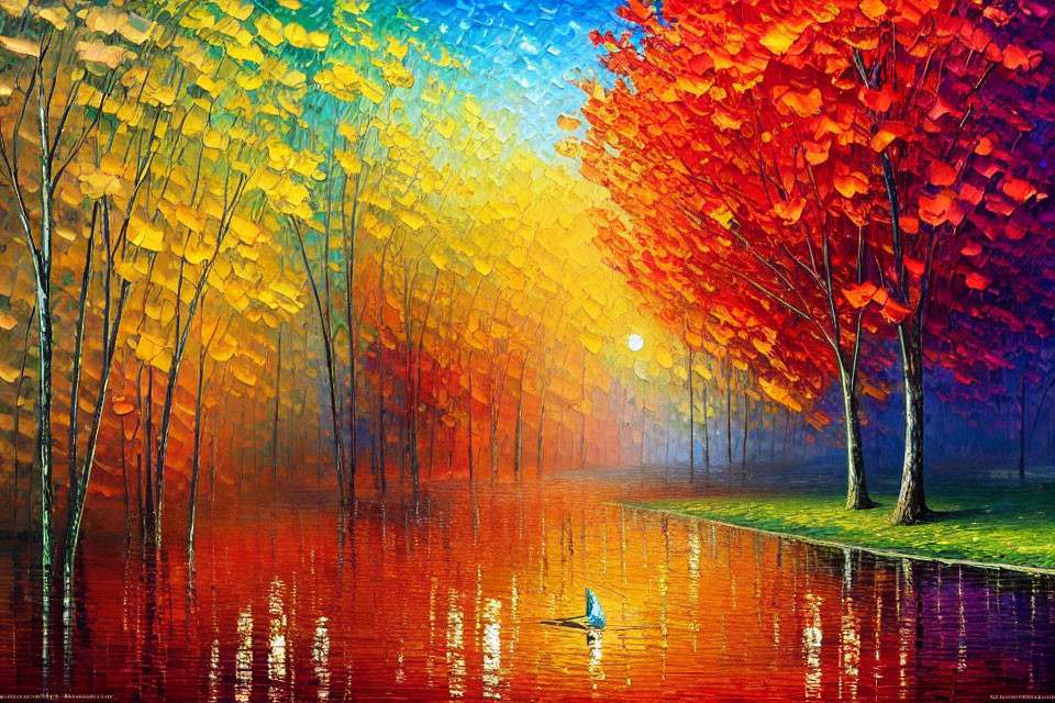 Autumn forest painting with colorful leaves reflected on water