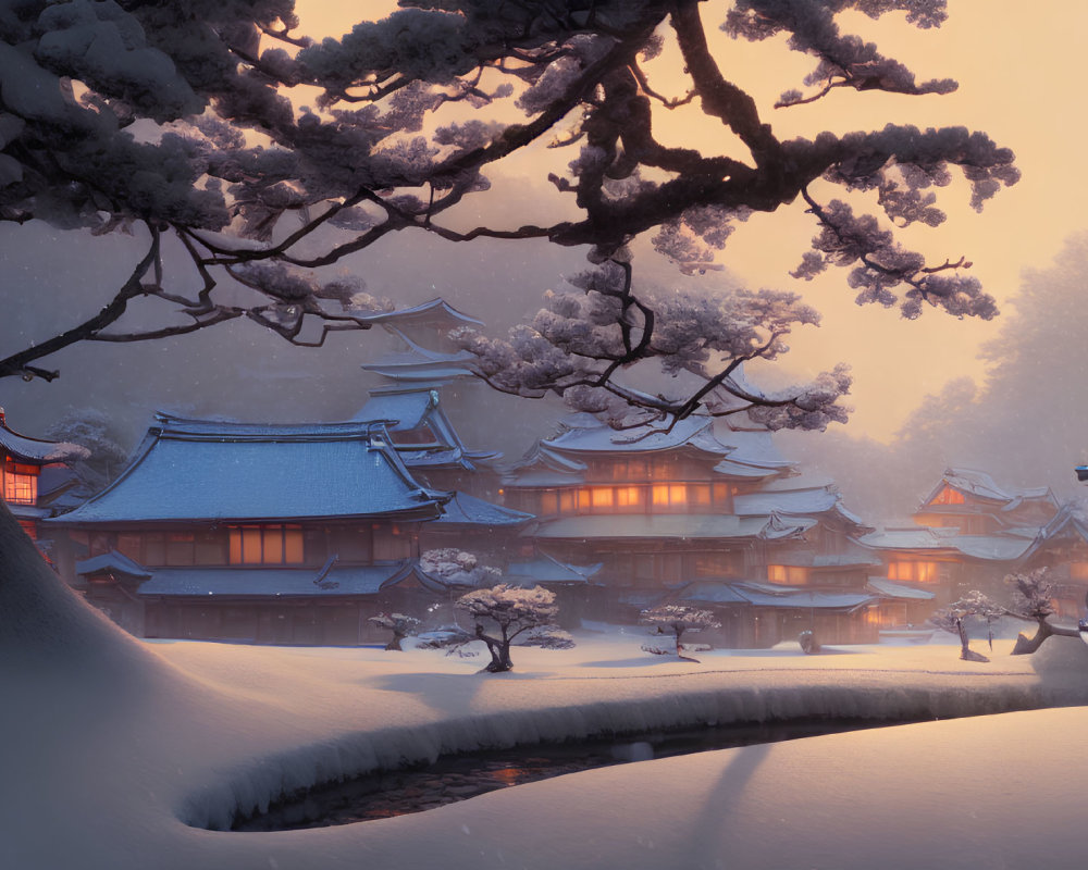 Snow-covered Japanese village at dusk with traditional architecture and snow-laden tree branches