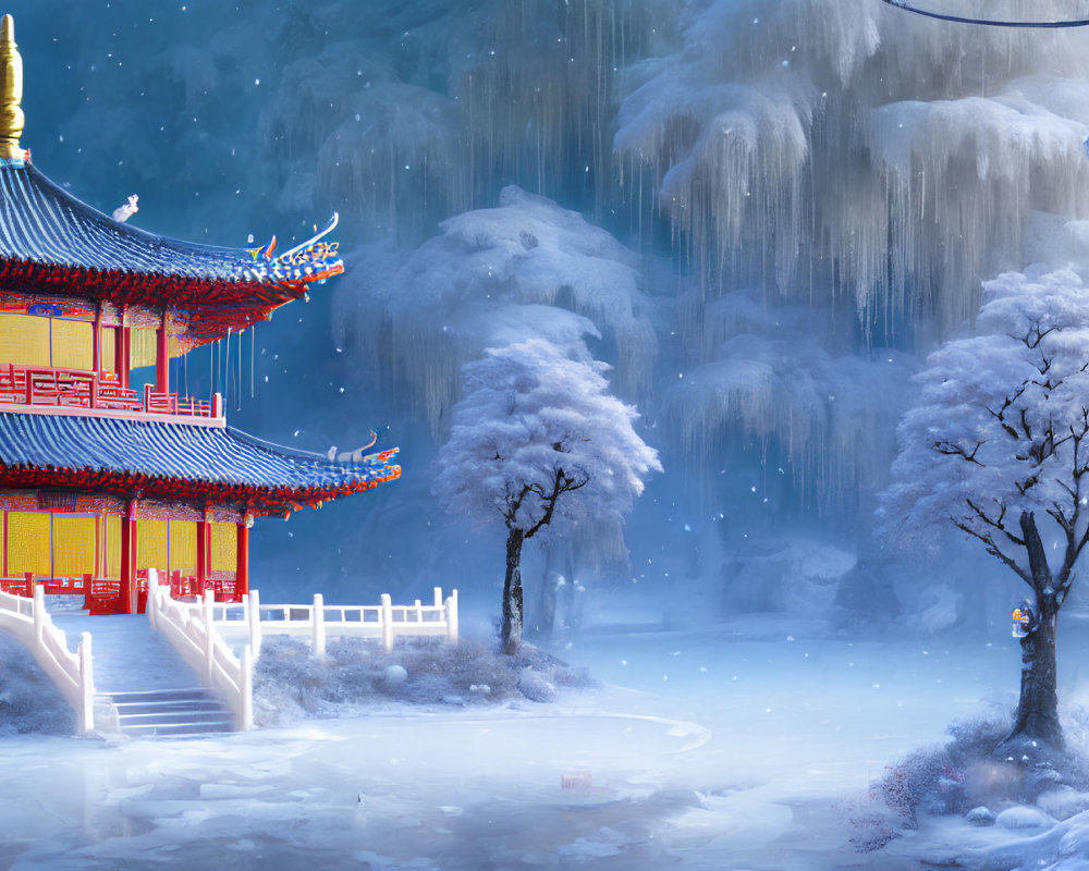 Snow-covered landscape with red and gold pagoda and falling snowflakes