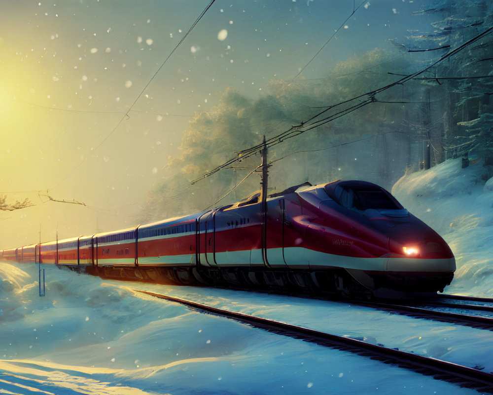 High-speed train in snowy landscape at dusk