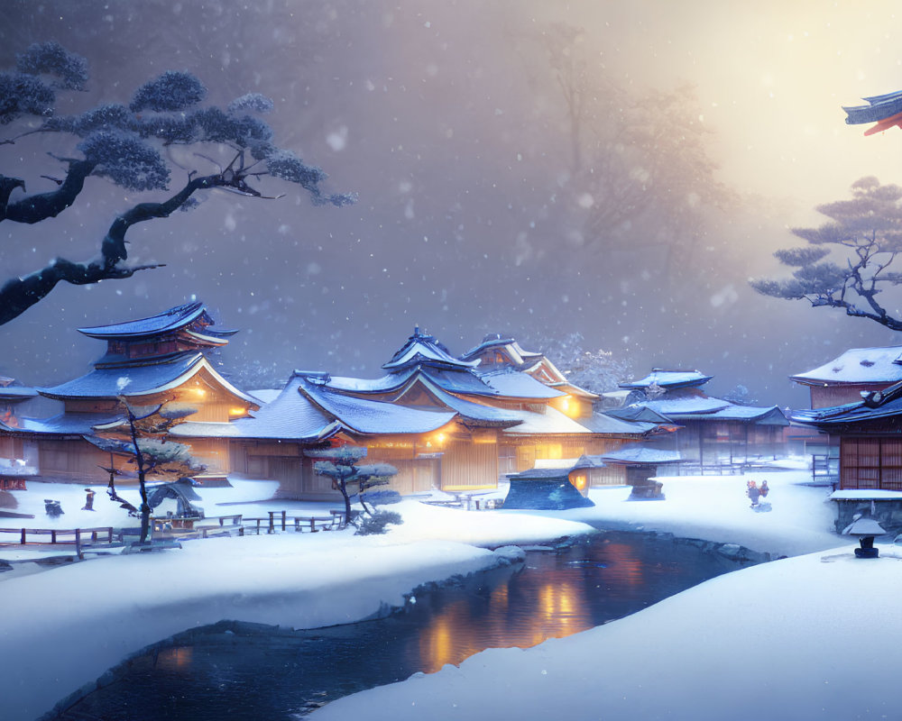 Snowy Japanese village with illuminated buildings, bridge, frozen river, and tree.
