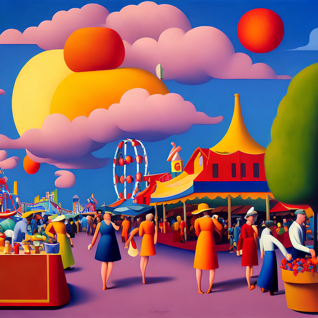 Colorful Fair Scene with Ferris Wheel and Crowds in Stylized Painting